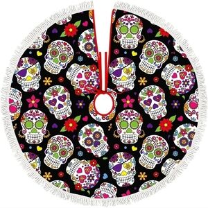 NWOT Day of the Dead sugar skull tree skirt with fringe Halloween Christmas B61